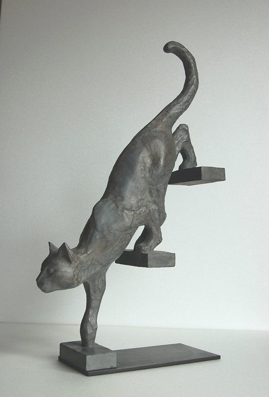 Bronze Cat Climbing Steps Sculpture
