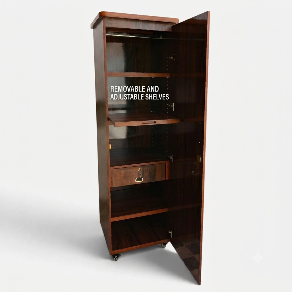 Movable Wheels Storage Cupboard Almirah With Removable Adjustable Shelves & Hanging Rod. - Elegance Antique Store