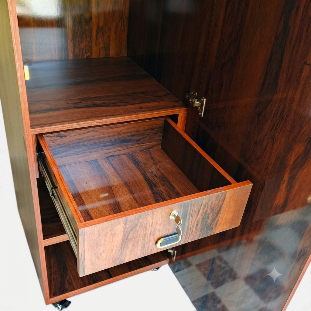 Movable Wheels Storage Cupboard Almirah With Removable Adjustable Shelves & Hanging Rod. - Elegance Antique Store