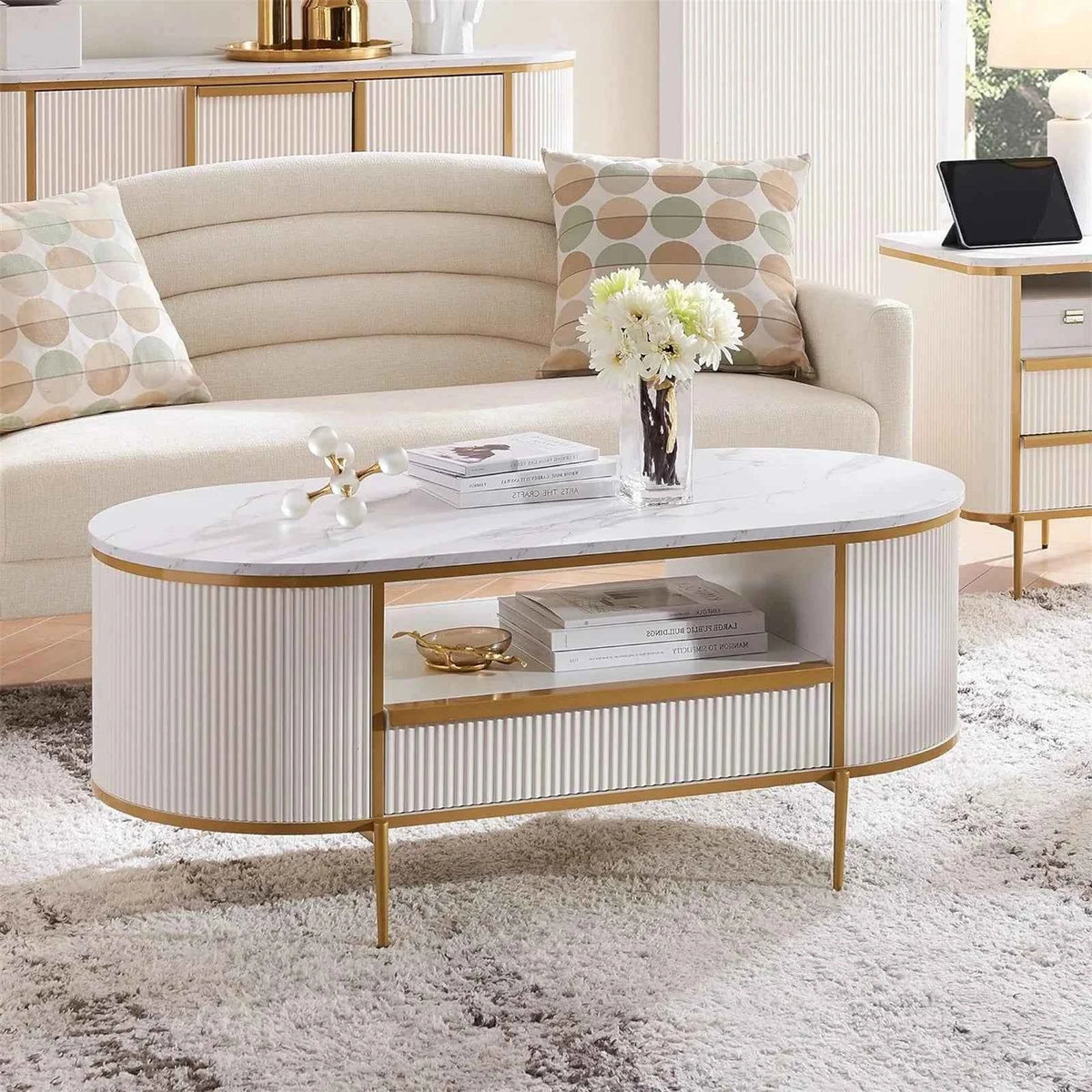 Seellen Oval Fluted Living Lounge Drawing Room Center Coffee Table