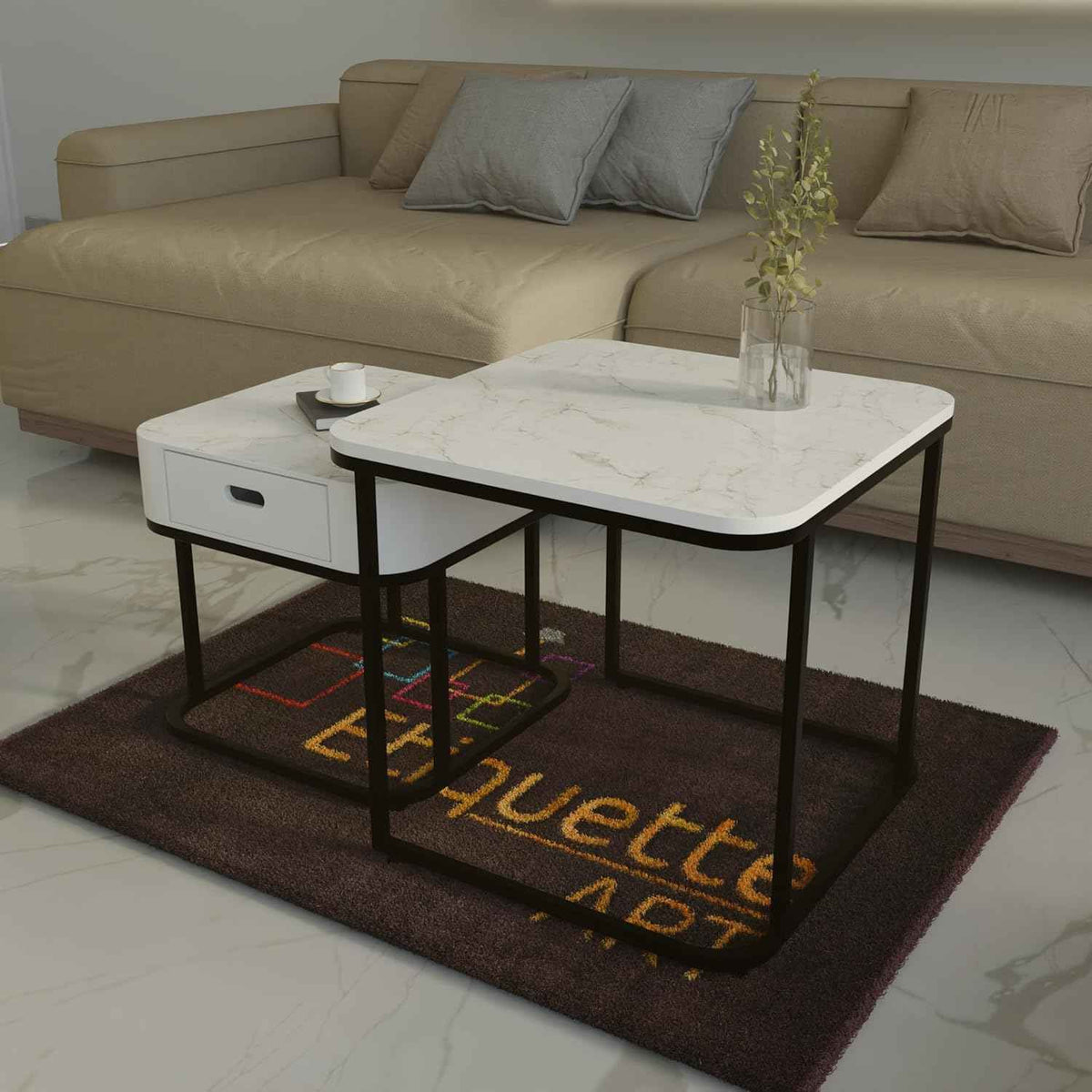 Etique Art Square End Coffee Table Slate Coffee Center Table (Set of 2)
