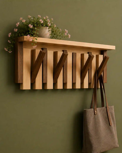 Piano Style Foldable Wall Hanger with Top Shelf – Natural Oak