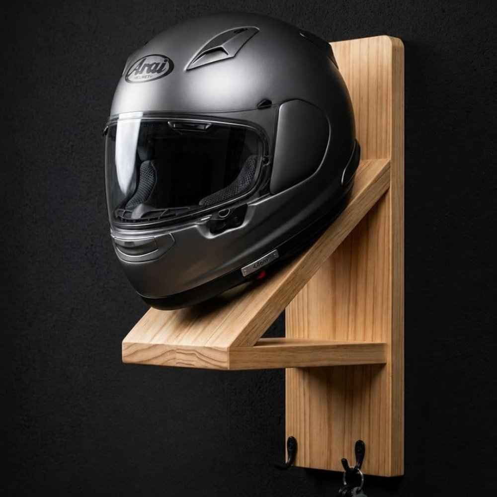 Wall Mounted Helmet Stand with Key Hooks & Utility Shelf