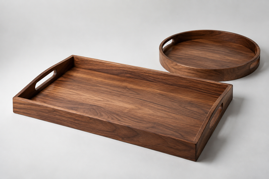 Wooden Serving Tray With Handles on light grey background