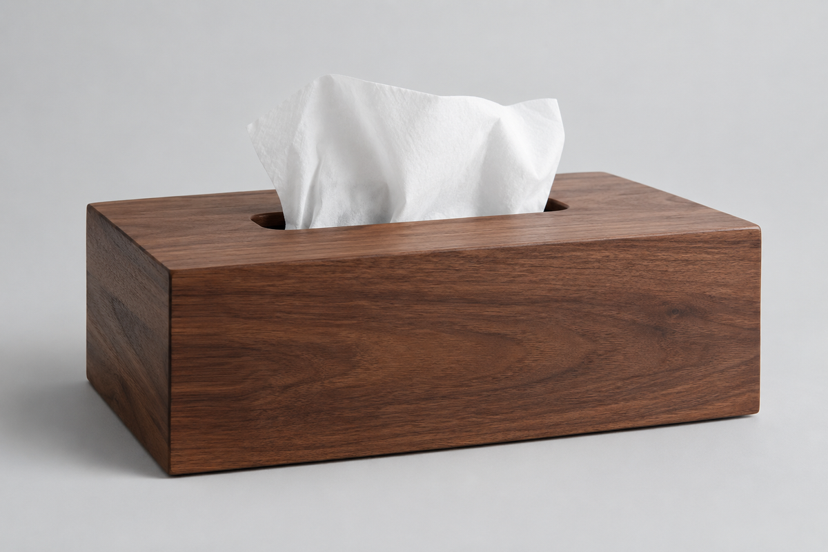 Wooden tissue box cover on light grey background