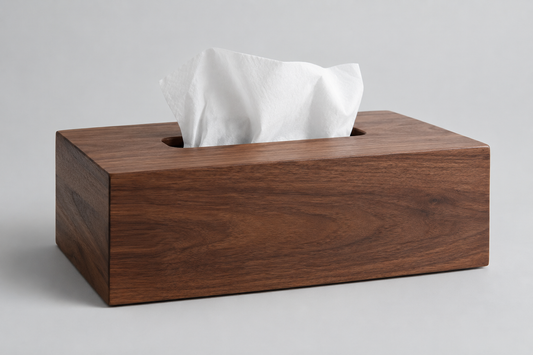 Wooden tissue box cover on light grey background