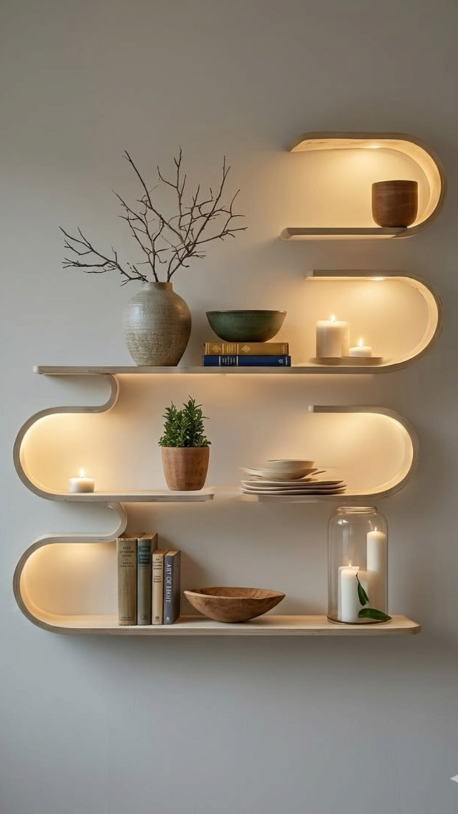 Modern Wave LED Wooden Wall Shelf