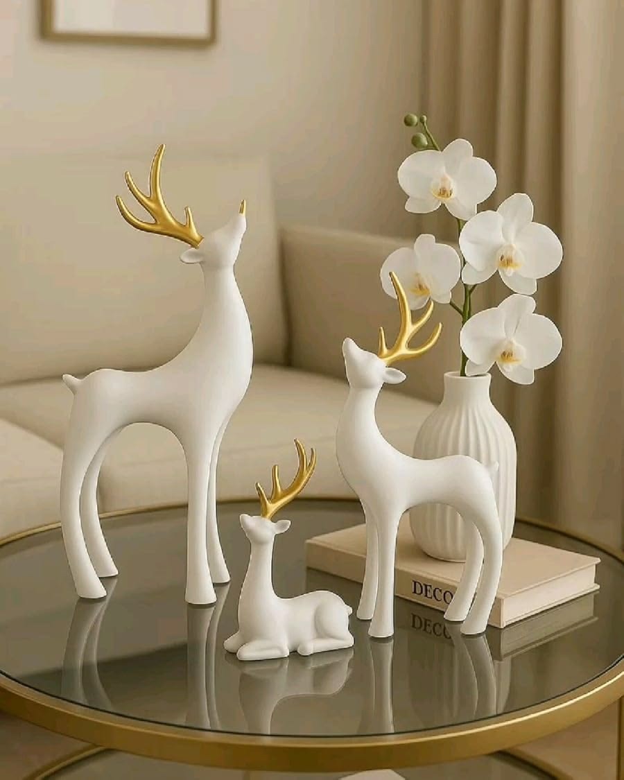 Elegant White Deer Statues Gold Antlers Set